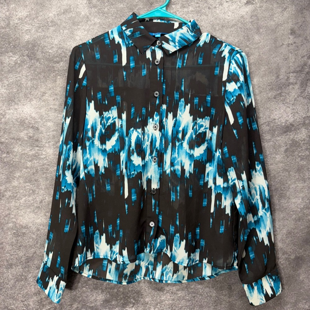 Derek Lam Design Nation Blouse Top Womens S Blue Black Abstract Floral Button Up